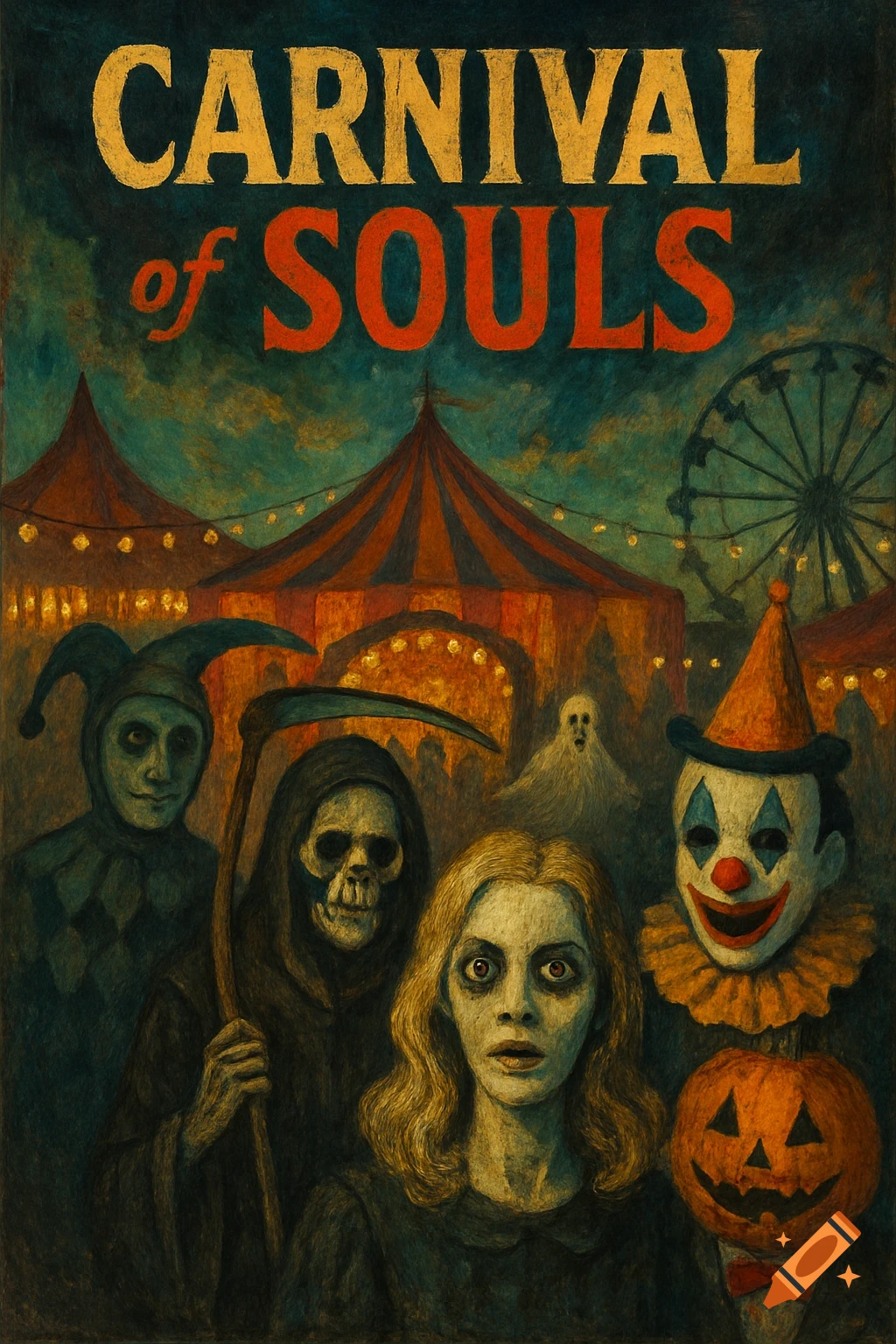 A dark, painted image of spooky figures including Death, a jester, a ghost, a woman, and a clown with a pumpkin at a carnival.