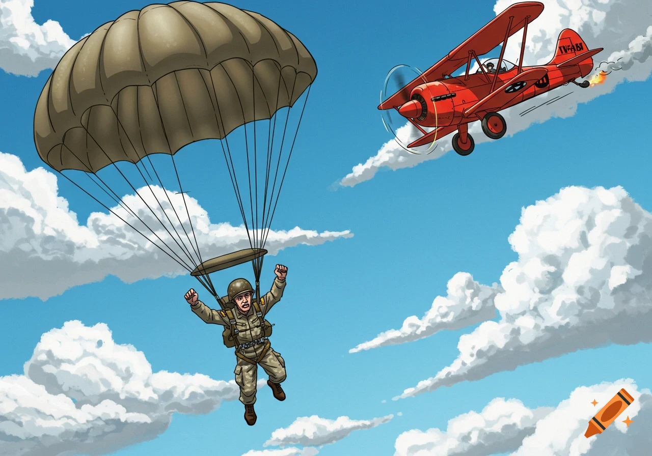 Cartoon of a paratrooper falling from the sky near a red biplane.