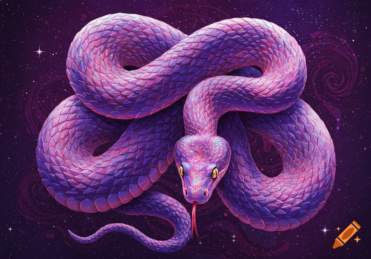 A vibrant purple and pink snake coiled against a starry, purple galaxy background.
