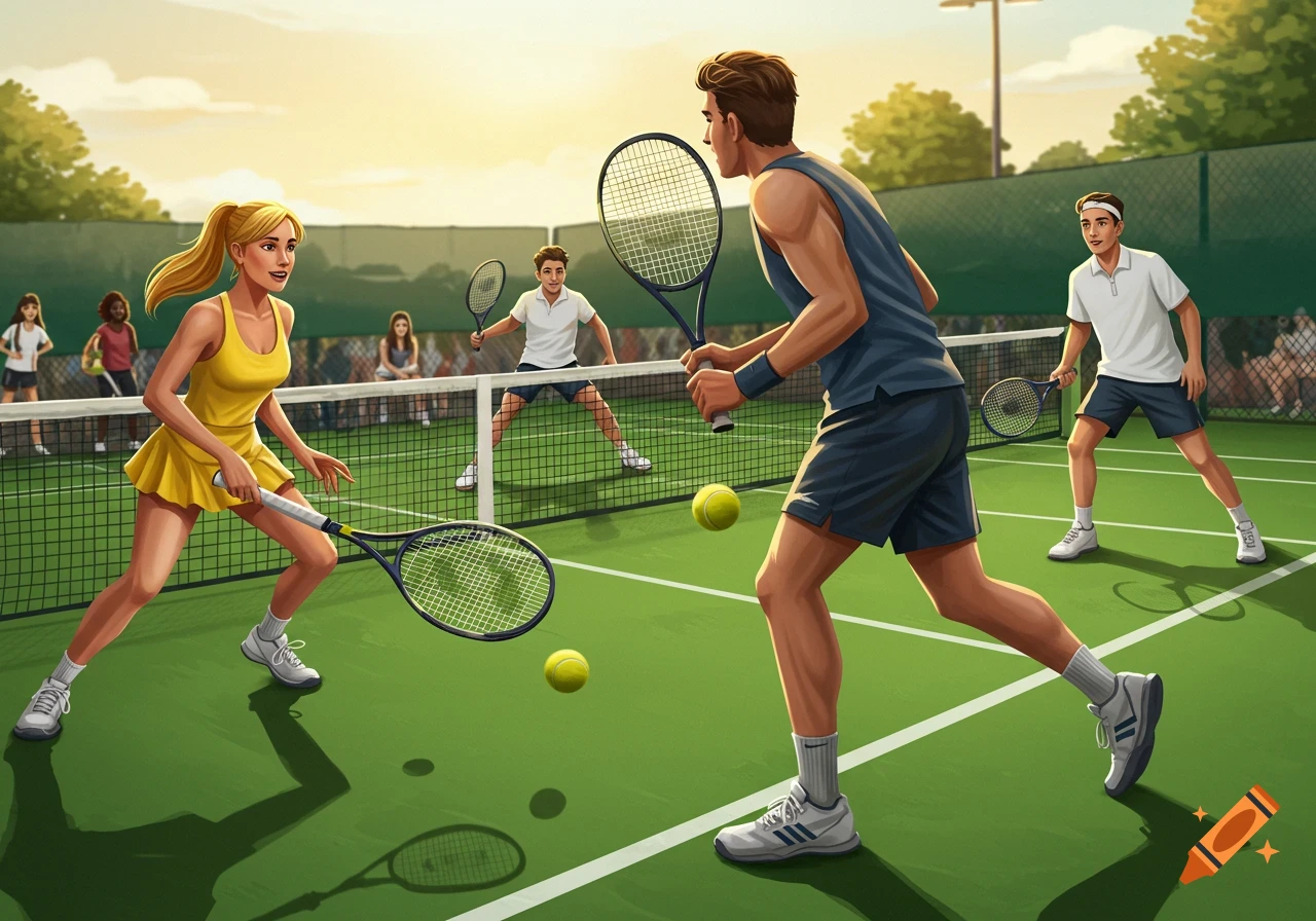 People playing doubles tennis on a court at sunset, illustration