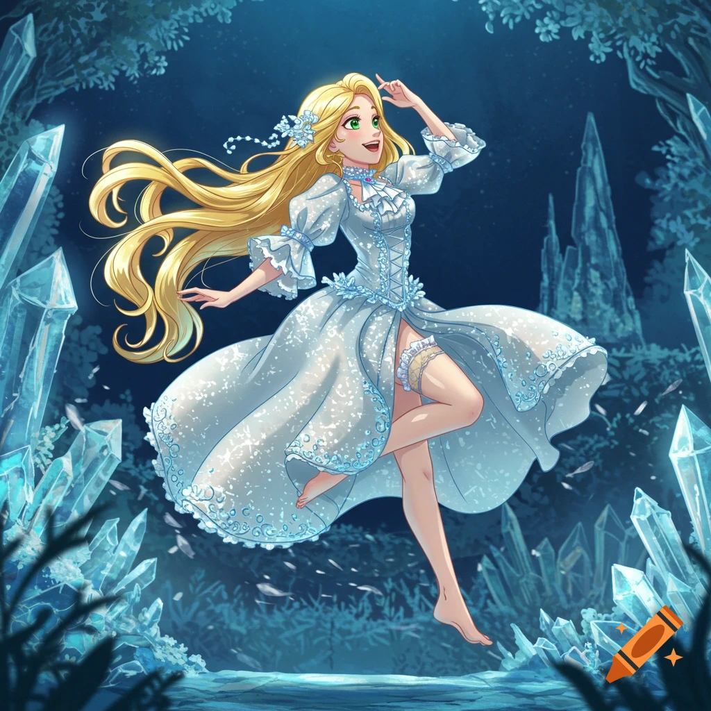 Anime illustration of Rapunzel in a sparkling dress leaping among large crystals in a dark forest.