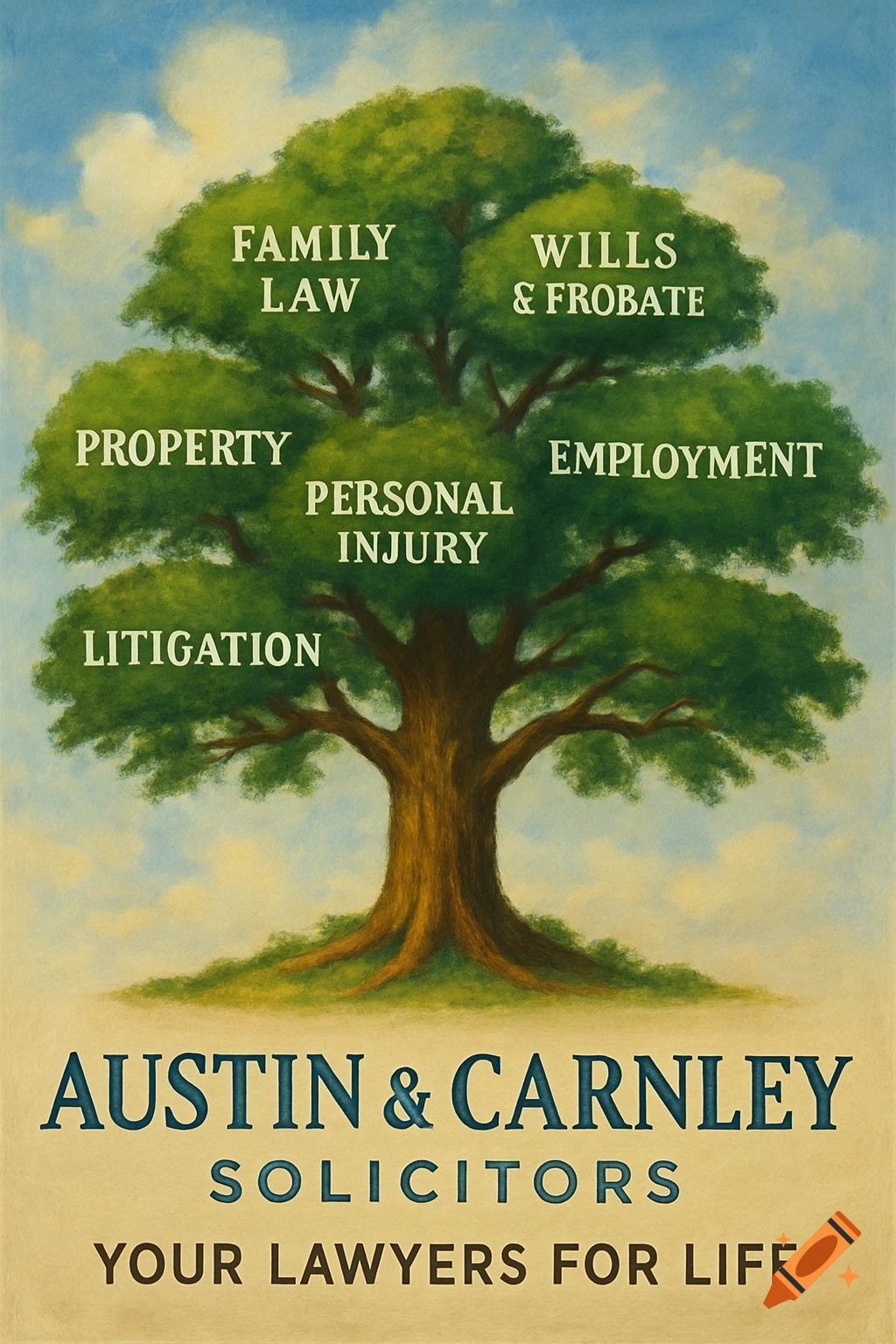 Illustration of a tree with legal terms on its branches and law firm name below.