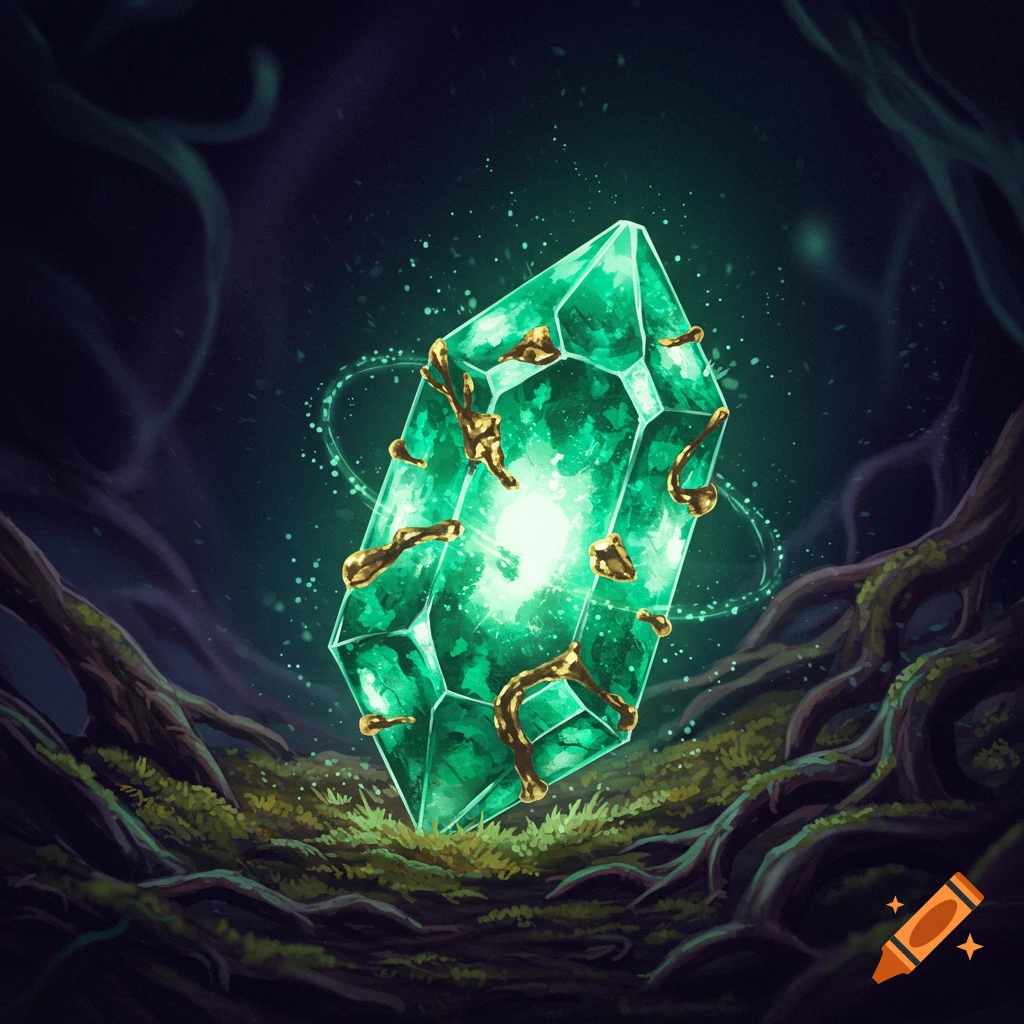 A glowing green crystal with gold embellishments sits in a dark forest clearing, surrounded by roots and magical light.