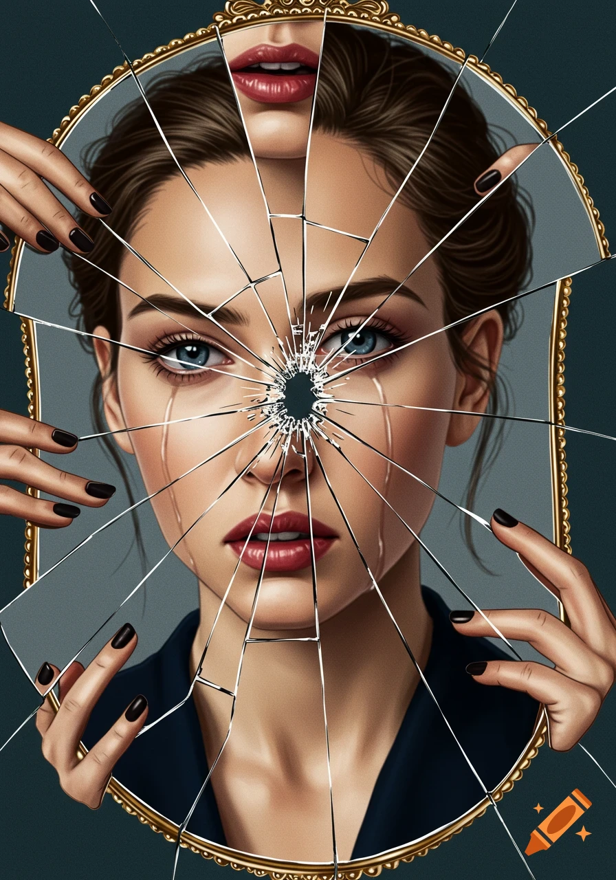 A woman's face reflected in a shattered mirror, fragmented by cracks and held by hands. Illustrative style.