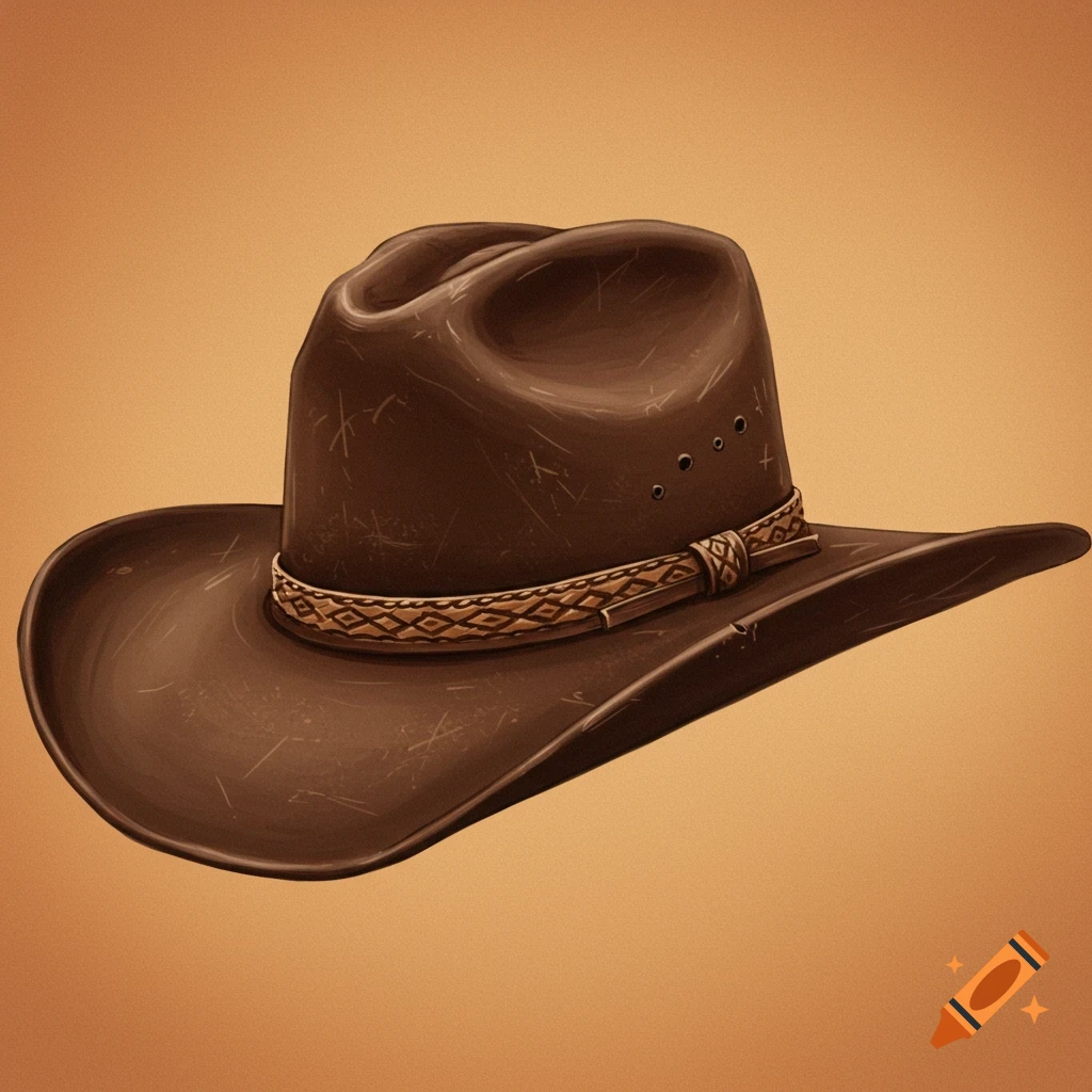 A close-up illustration of a brown cowboy hat with a patterned band.
