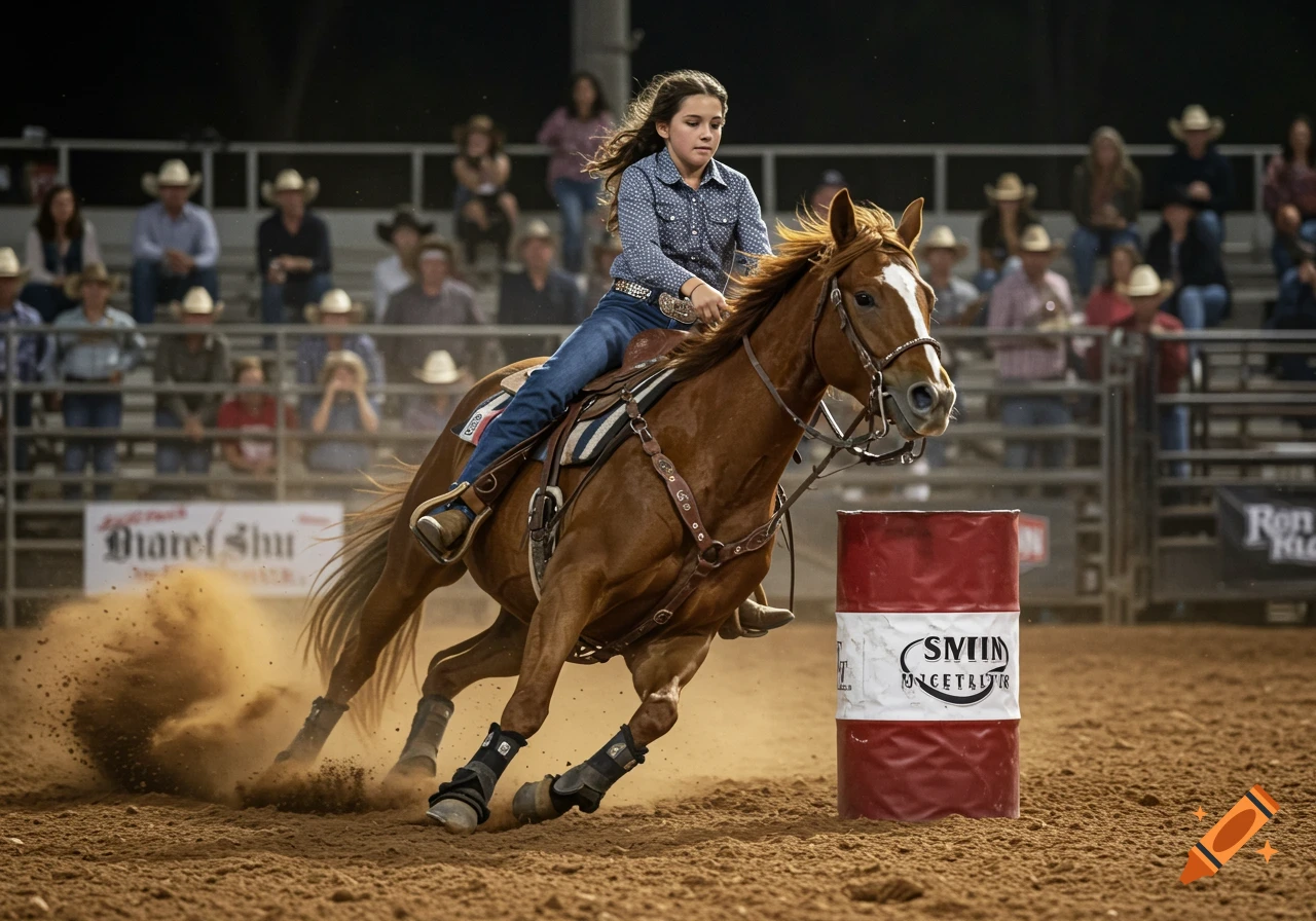 A girl barrel races on a horse in a rodeo arena, kicking up dirt.