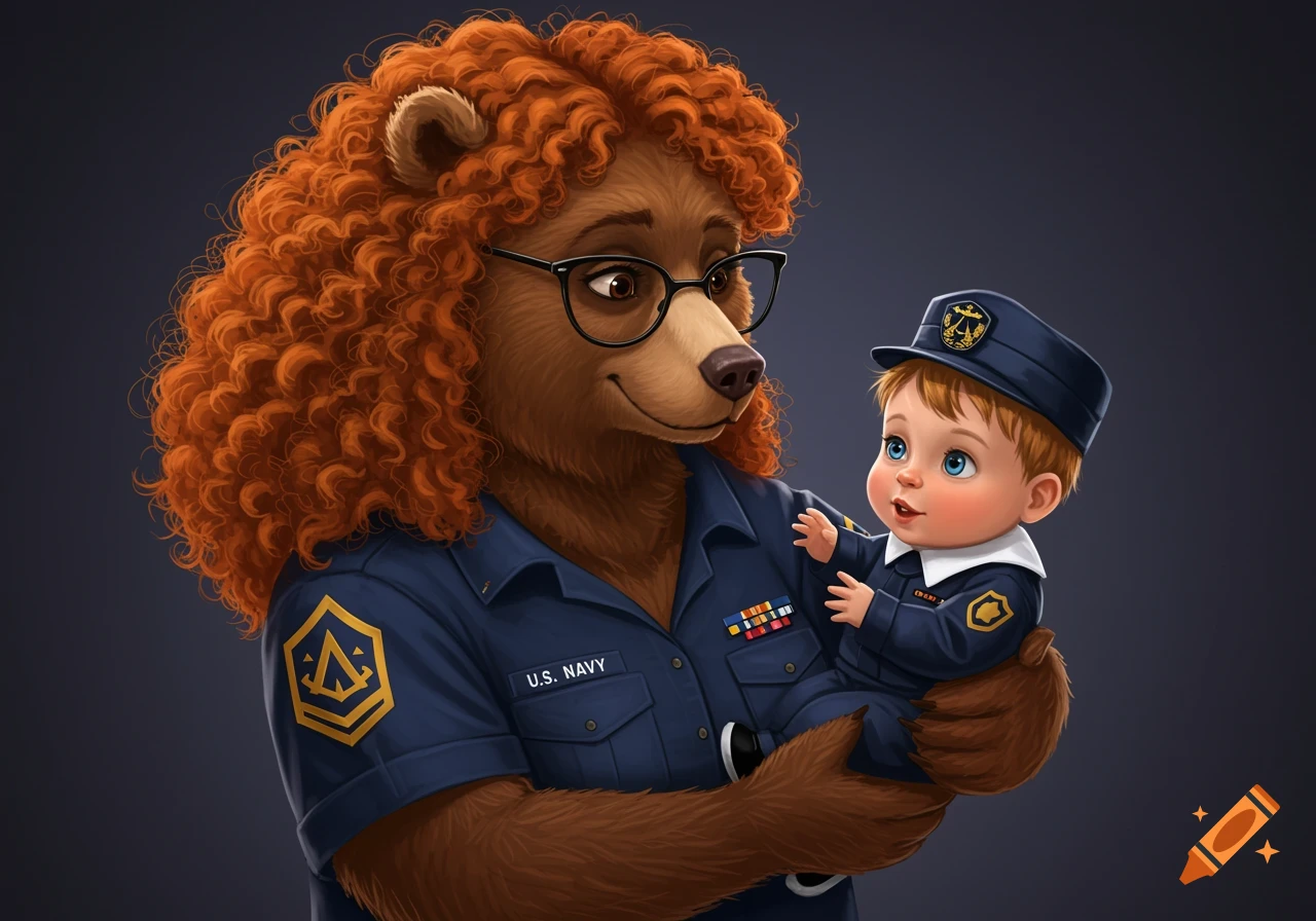 A curly redheaded mother bear with glasses holds her baby in a US Navy uniform, illustration.