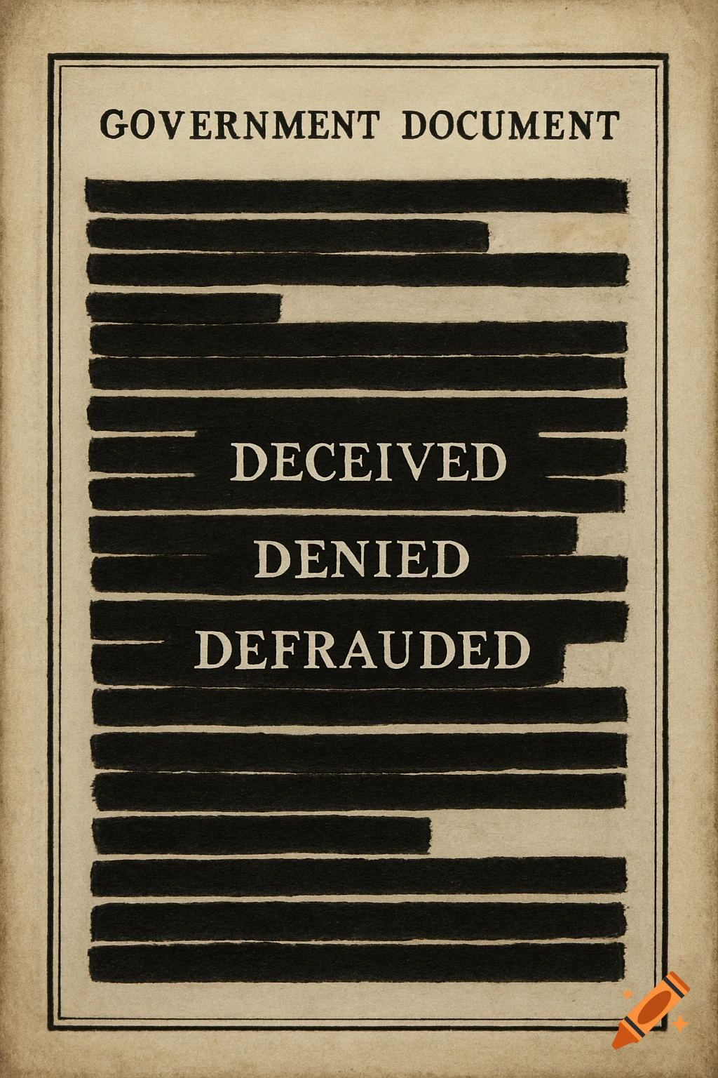 A redacted government document with the words DECEIVED DENIED DEFRAUDED showing.