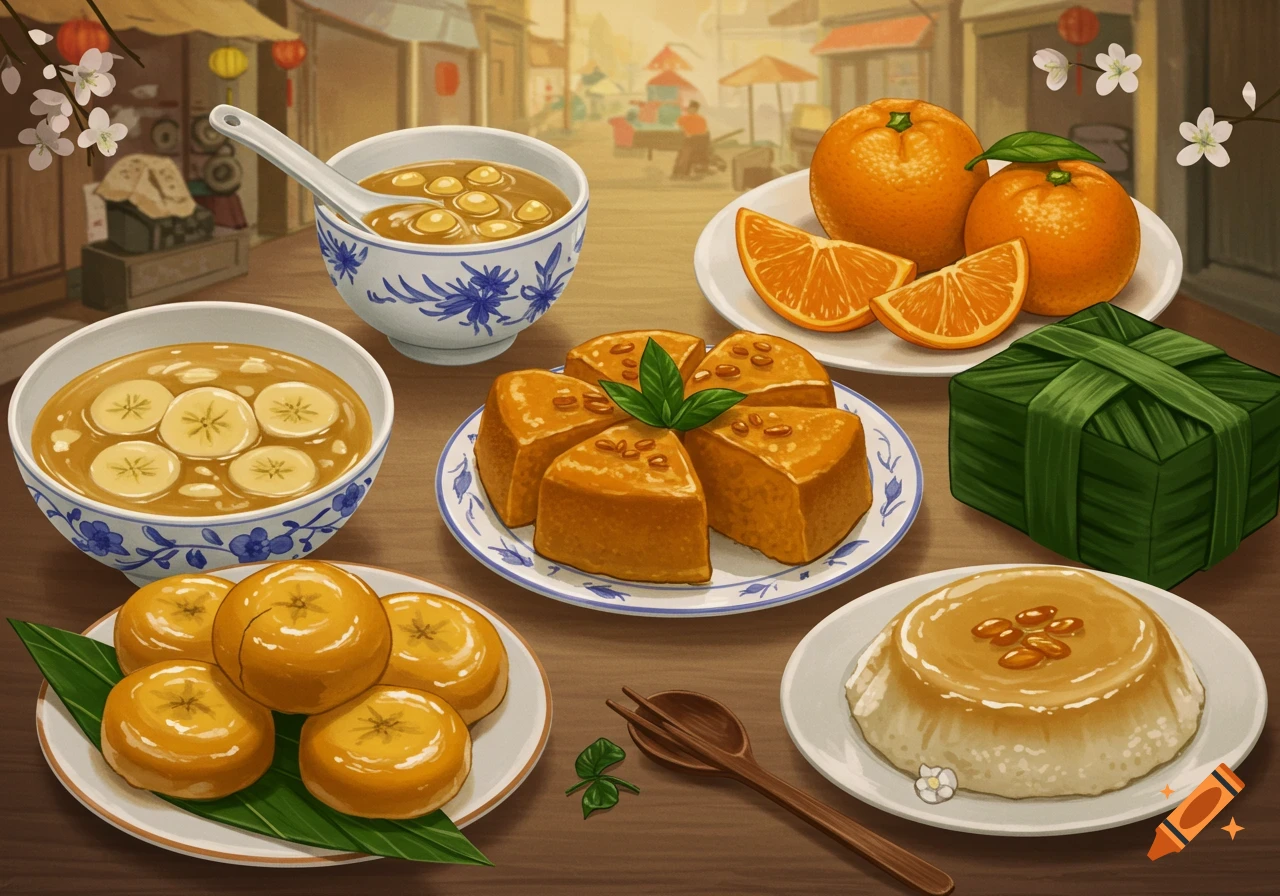 Illustration of Vietnamese desserts and oranges on a table in front of a street scene
