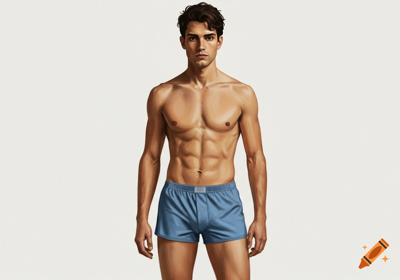 A young man stands facing forward wearing blue boxer shorts.