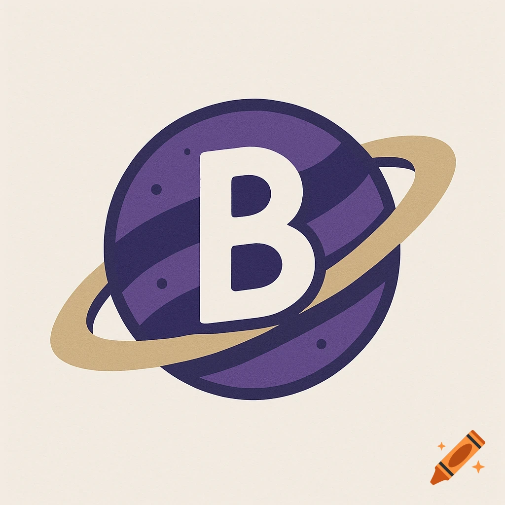 A logo featuring a white letter B on a purple planet with a ring.
