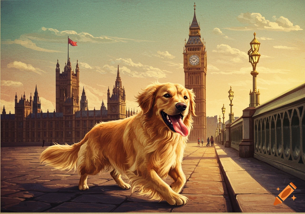 Golden retriever runs on Westminster Bridge with Houses of Parliament and Big Ben in background, painterly style.