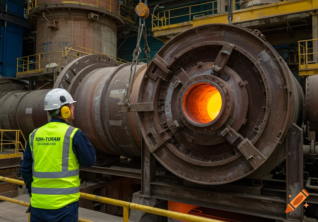 Worker in safety gear looks at a large rotary kiln with a glowing interior in a factory.