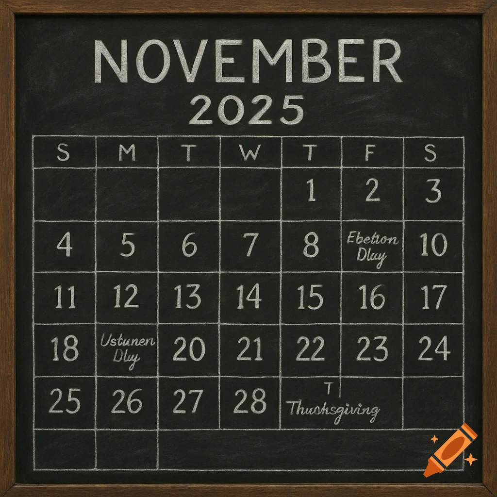 A chalkboard shows a calendar for November 2025 with handwritten dates and notes.