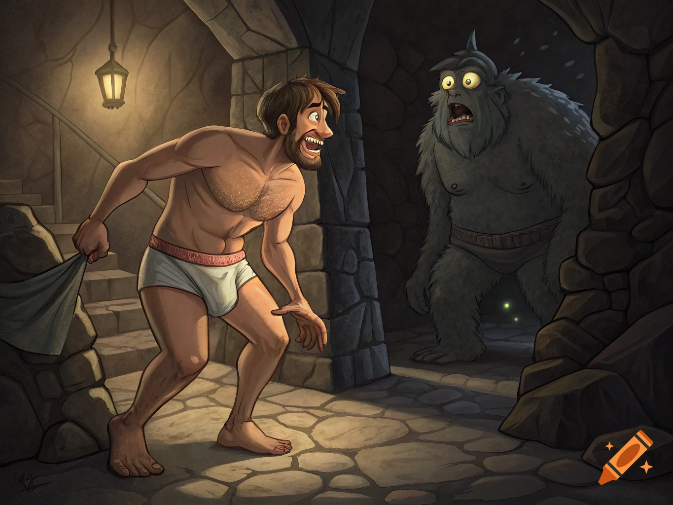 A man in underwear is startled by a monster in a dungeon.
