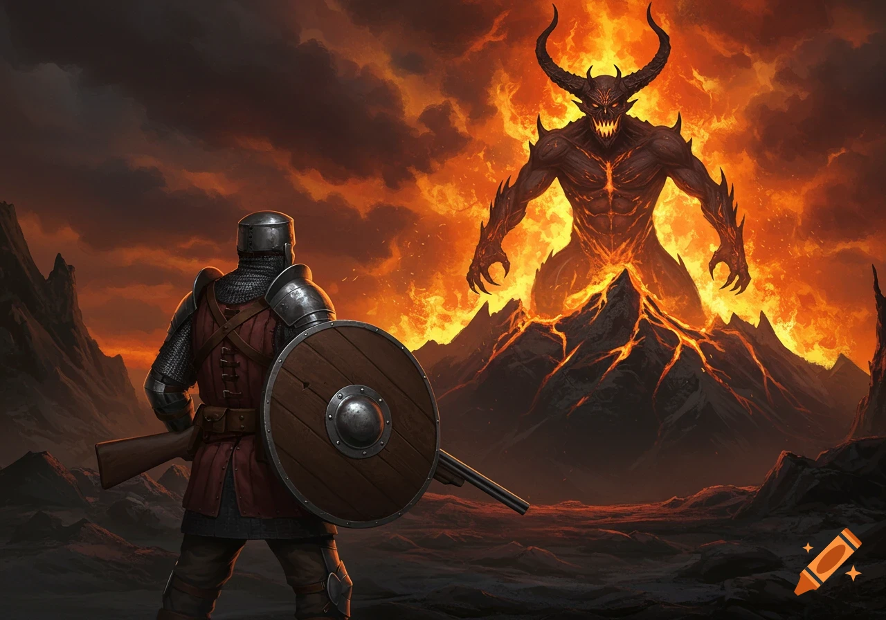 A knight with shield and shotgun faces a large demon in a fiery, volcanic landscape.