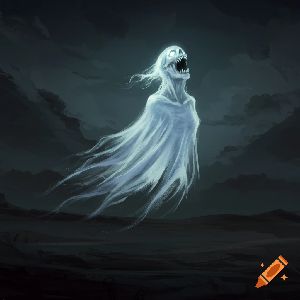 A spectral white ghost with a skeletal face screams or howls against a dark, cloudy background.