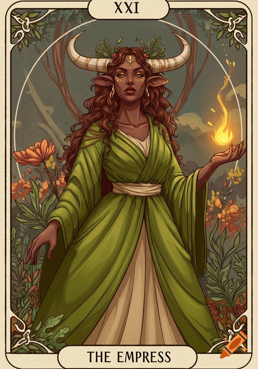 Tarot card illustration of a woman with bull horns holding fire