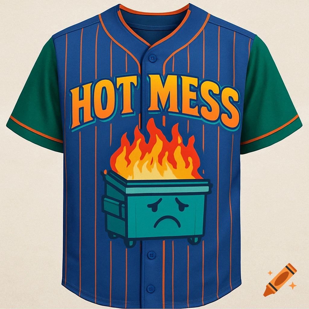 Blue pinstripe baseball jersey with 'HOT MESS' text and a flaming dumpster design