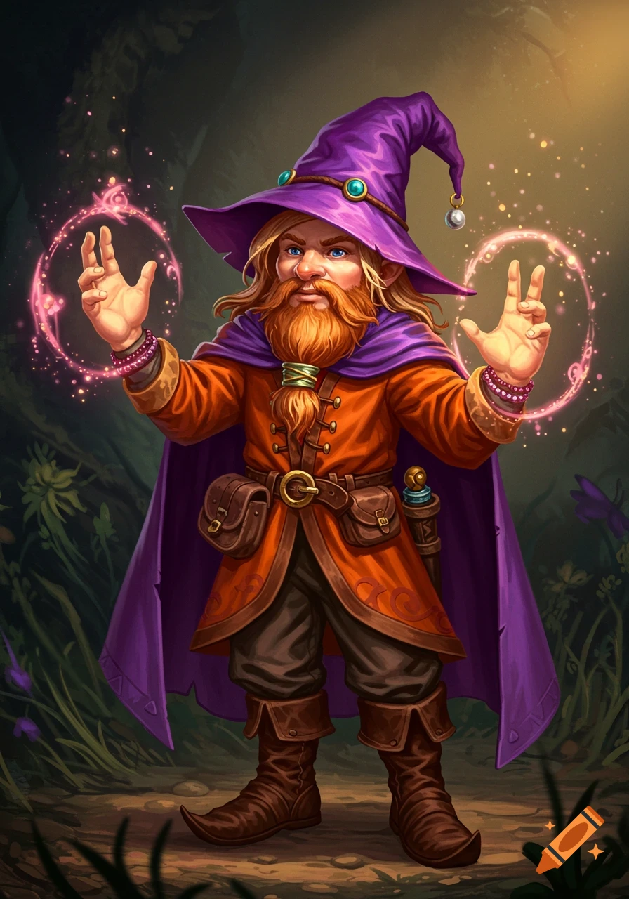 A fantasy illustration of a gnome sorcerer wearing a purple hat and cloak and an orange tunic, casting a pink spell.