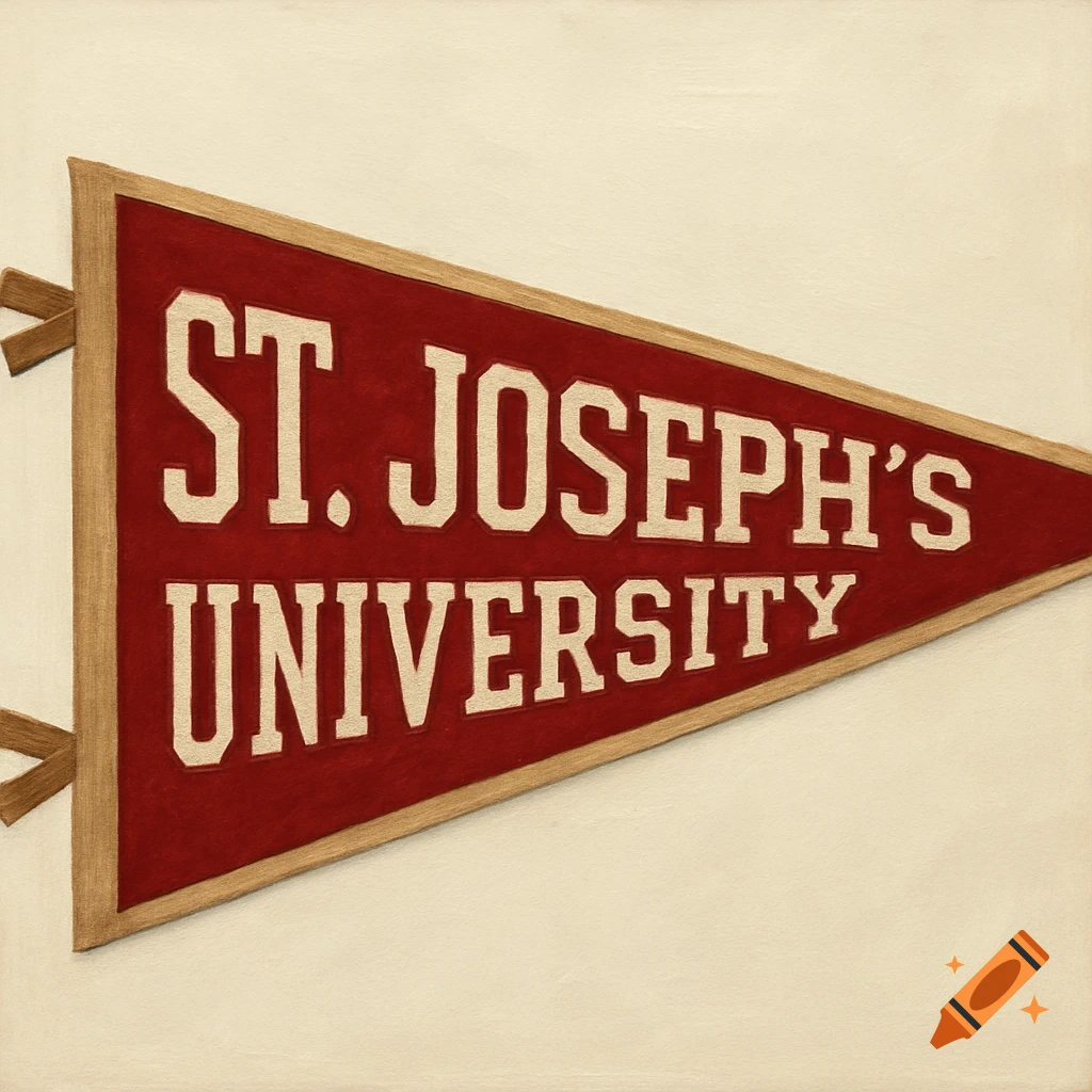 A red pennant flag with the words ST. JOSEPH'S UNIVERSITY in white block letters.