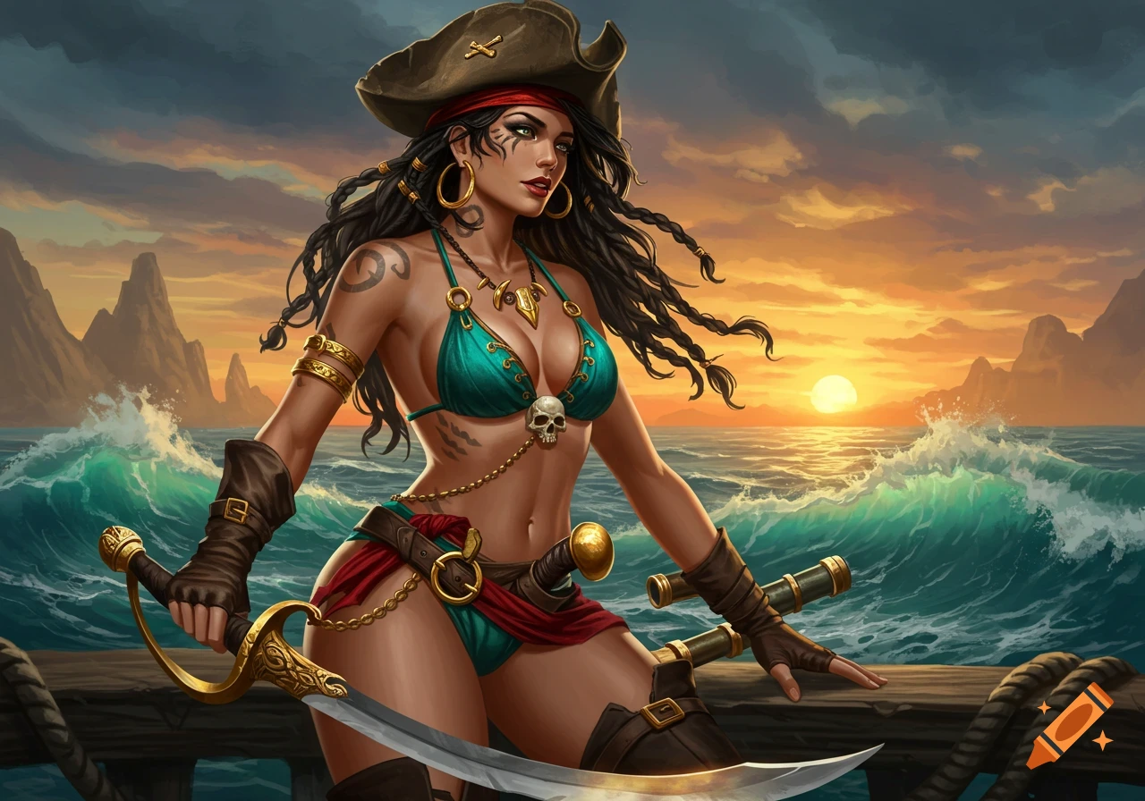 A stylized digital painting of a pirate woman in a bikini standing on a ship deck at sunset, holding swords.