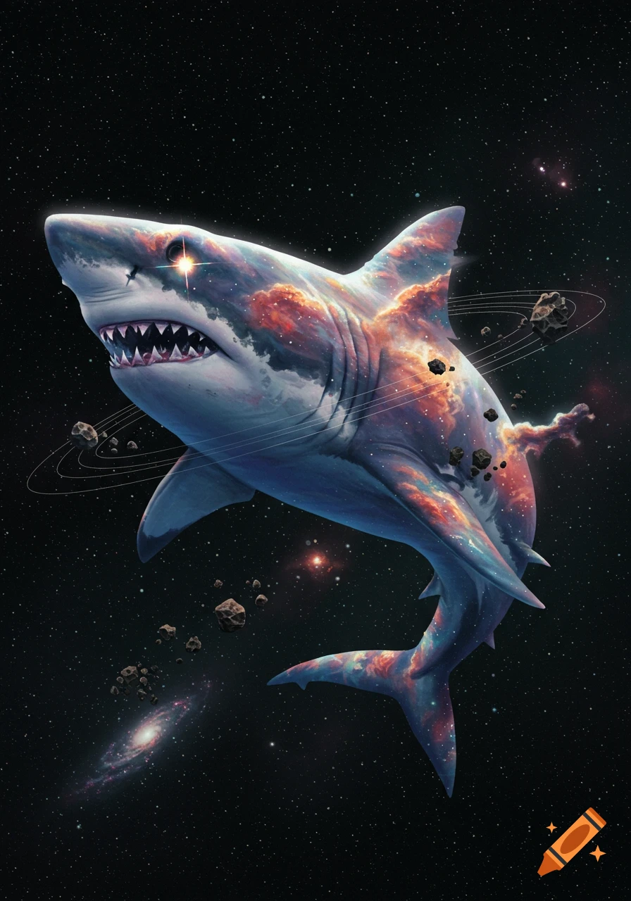 A stylized shark appears to be part planet, part nebula, swimming through space with asteroids and a galaxy.