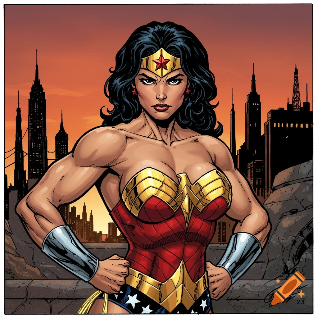 Wonder Woman standing heroically in front of a city skyline at sunset in comic book art style.