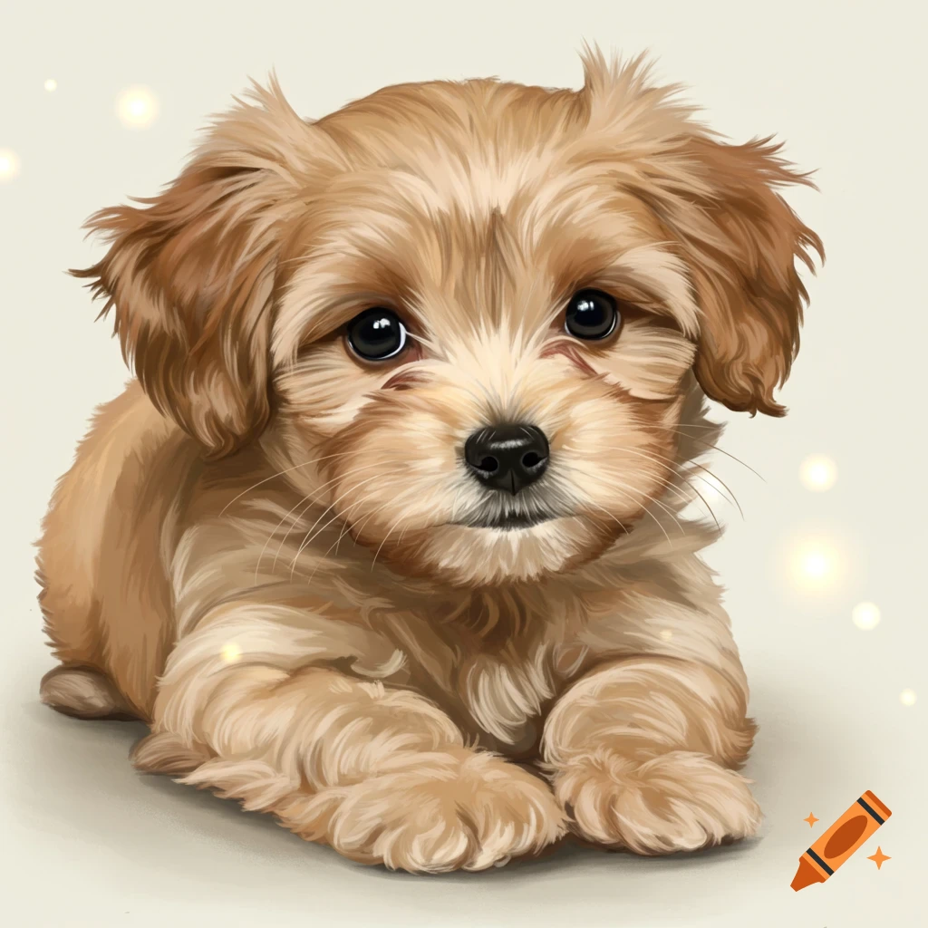 Illustration of a fluffy tan puppy lying down.