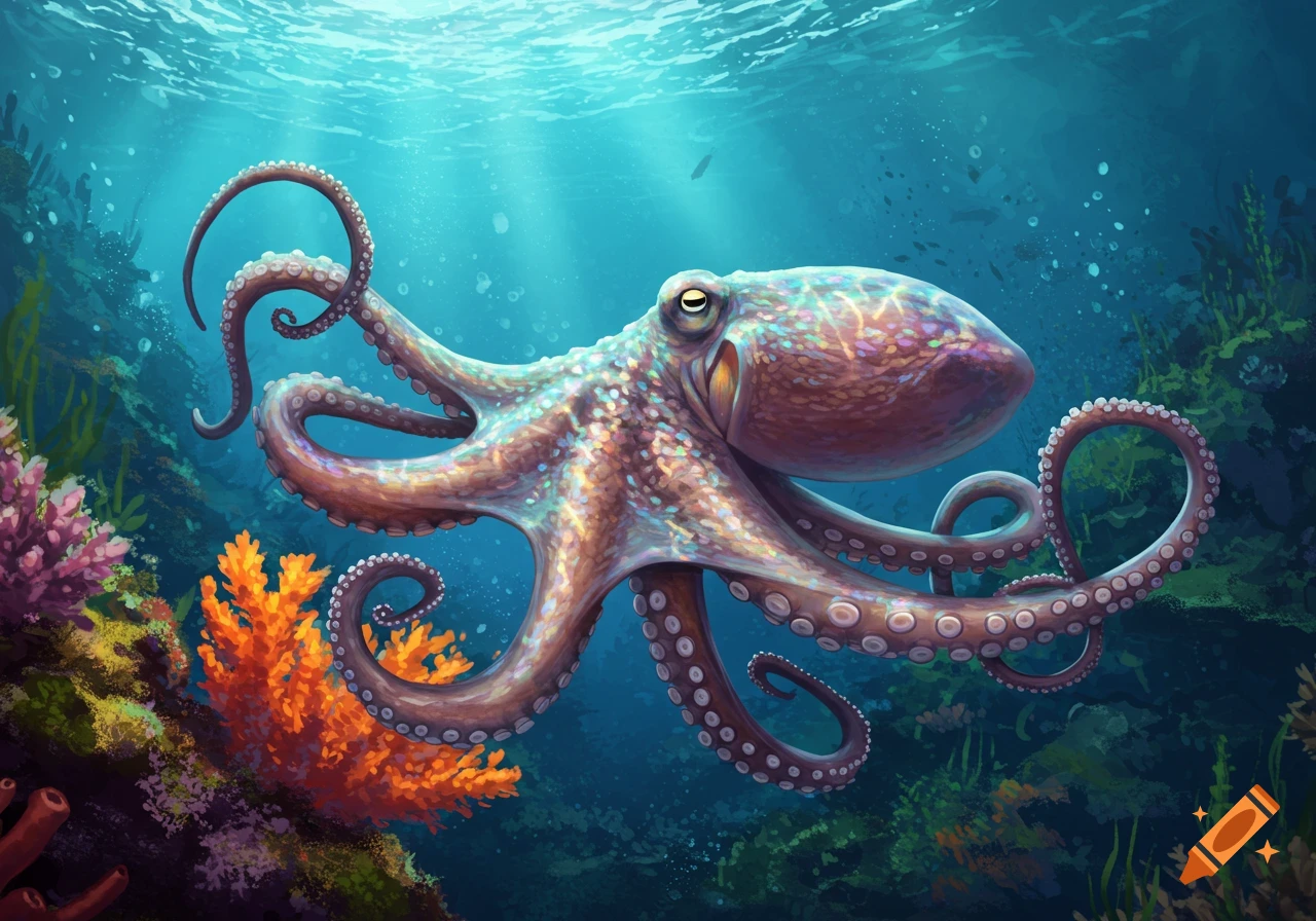 An illustration of an octopus swimming near coral reefs underwater