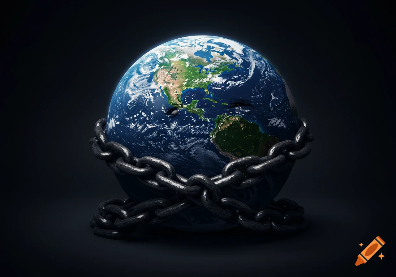 The planet Earth wrapped tightly in thick dark metal chains.
