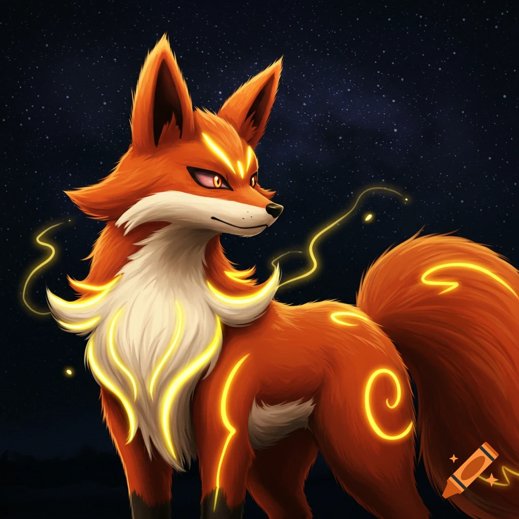 A fantasy fox creature with glowing yellow markings stands against a starry night sky.