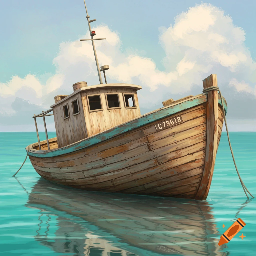 A rustic wooden boat floats on turquoise water under a cloudy sky, reflected in the water.