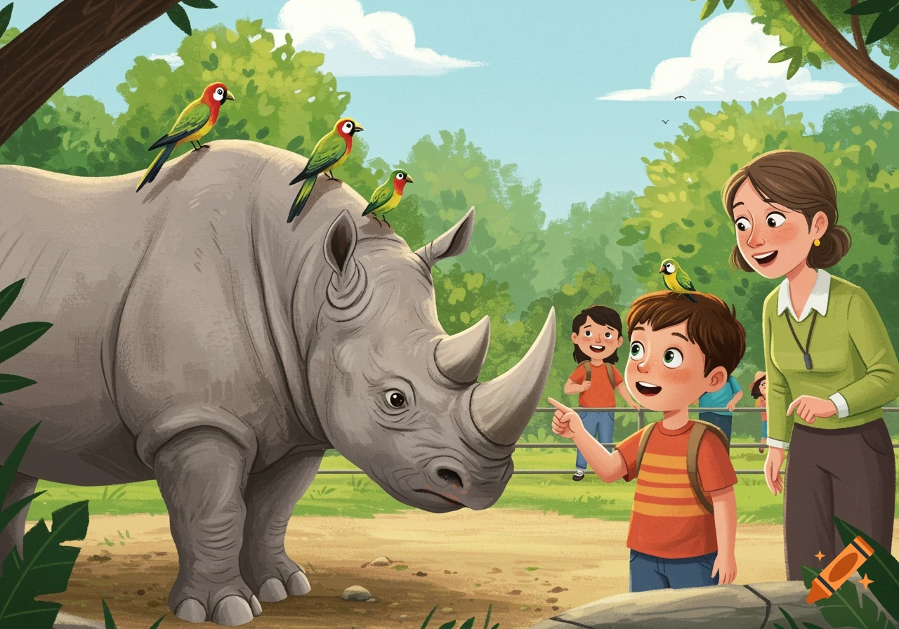 Children's book illustration of a kid pointing at a rhino with birds on its back at the zoo, with a teacher nearby.