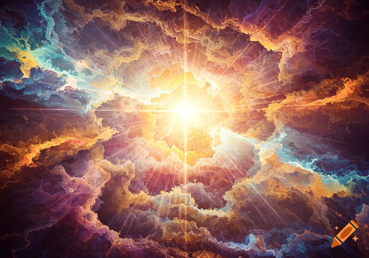 Bright light bursts from swirling colorful abstract clouds in shades of orange, gold, purple, and blue.