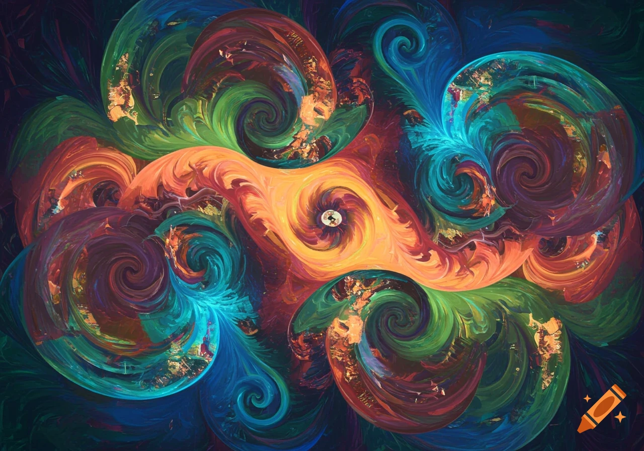 Abstract swirling patterns of orange, yellow, green, blue, and purple colors