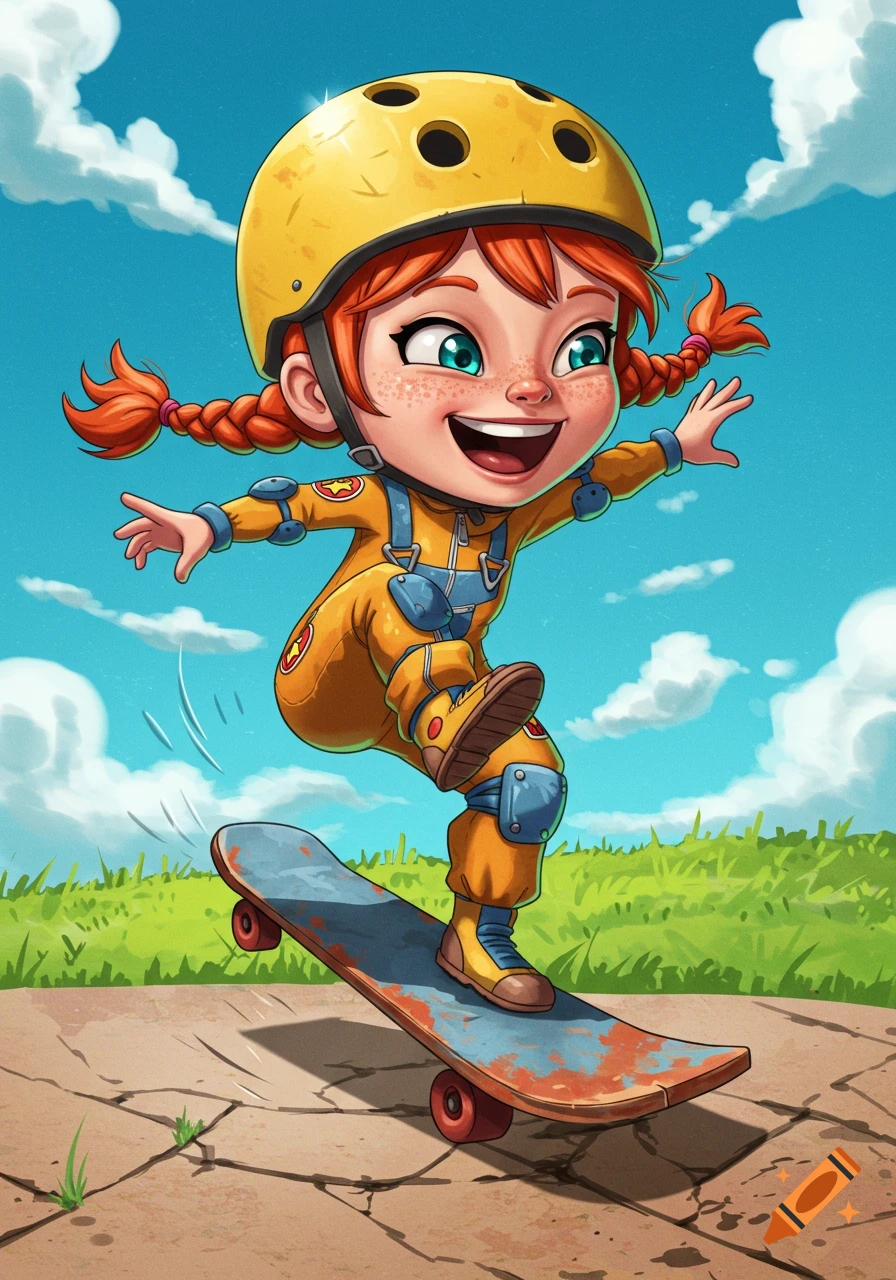 Cartoon girl with red braids in a helmet and pads skateboarding