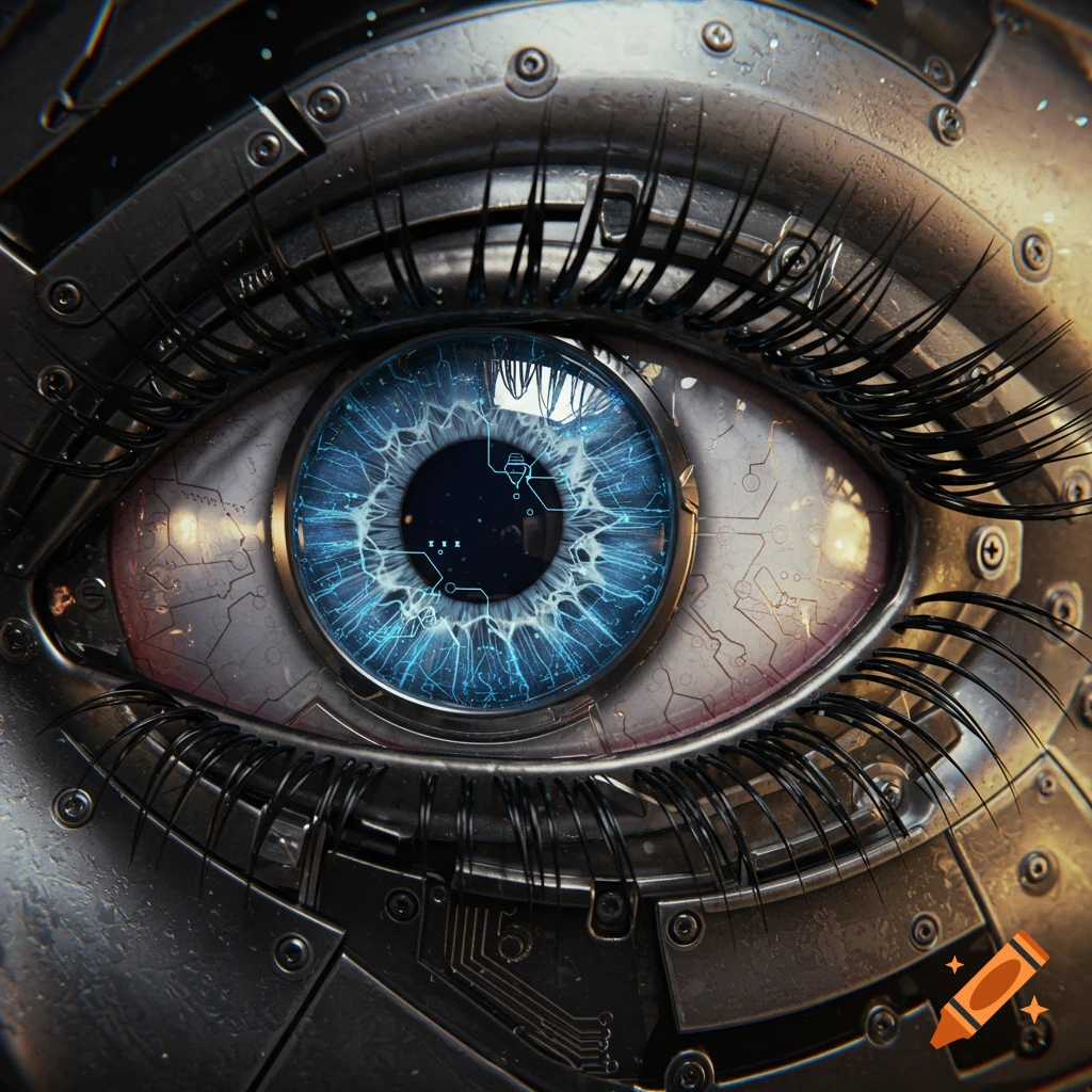 Close-up of a detailed robotic eye with a blue iris and circuit patterns.