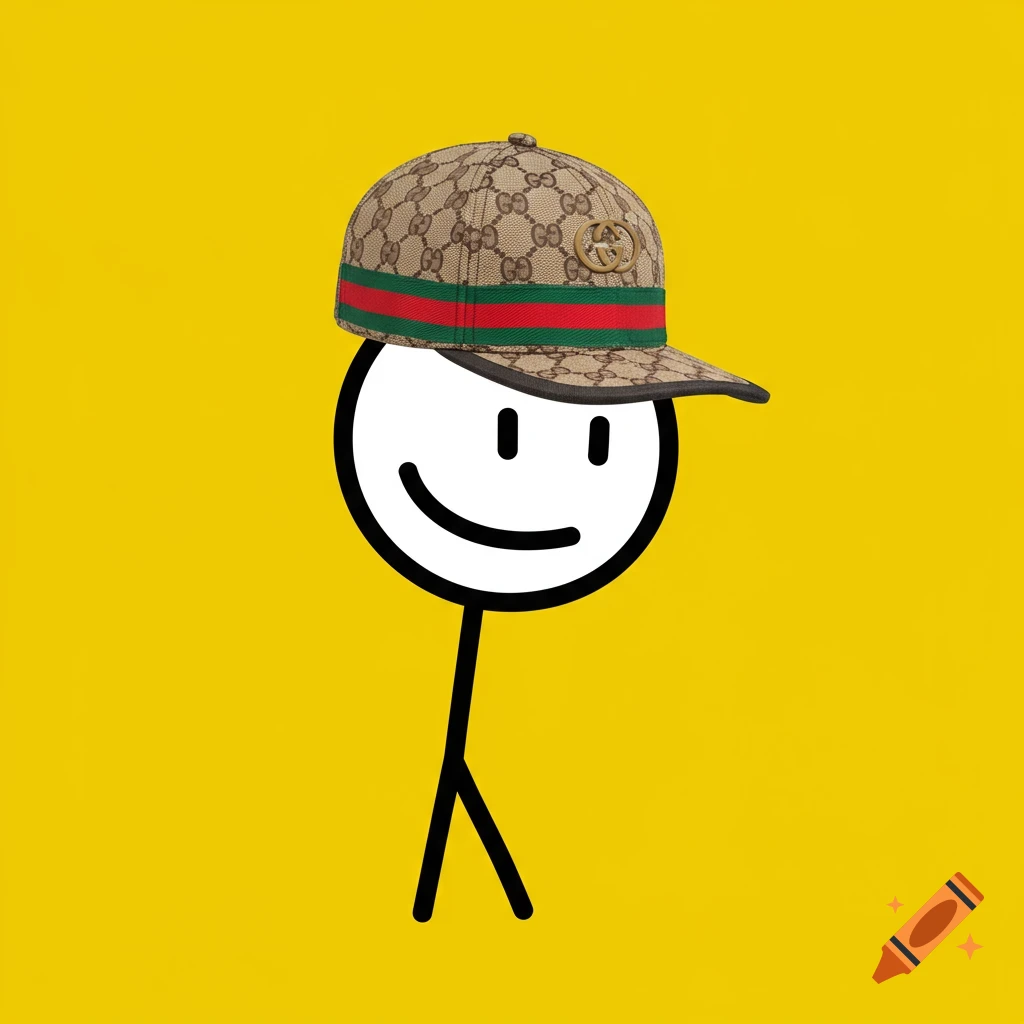 A stick figure wears a Gucci baseball cap on a yellow background.