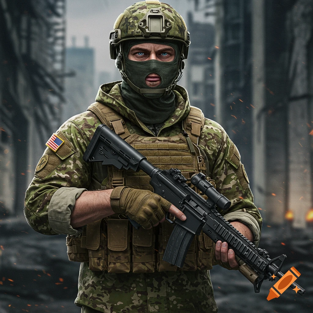 Masked soldier in camouflage holding a rifle in a destroyed city.