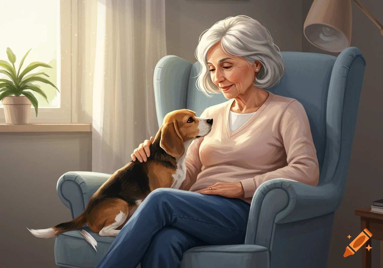 Elderly woman petting a beagle dog while sitting in a chair in a sunlit room, painted style.