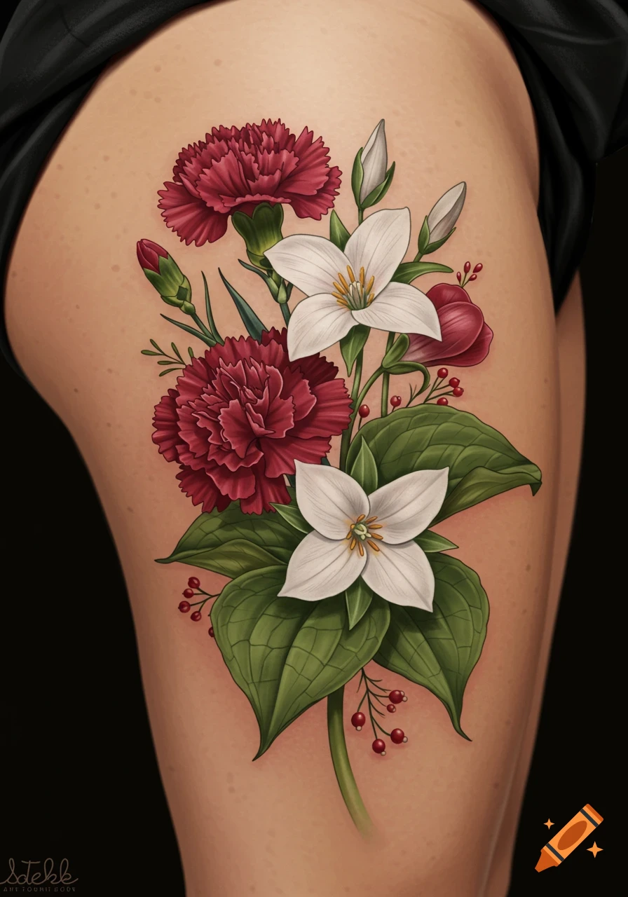 A detailed tattoo of red and white flowers on a thigh.