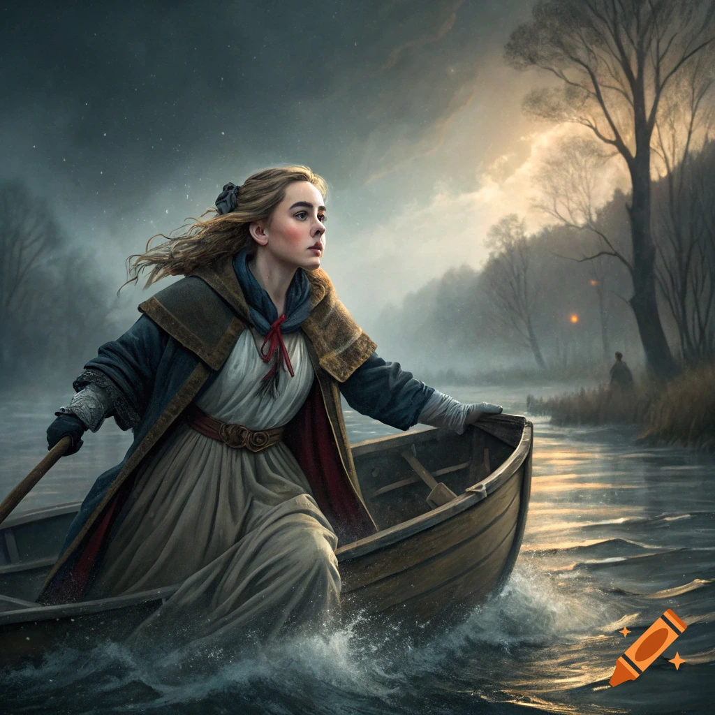 A woman in a coat rows a boat on a river at dusk.
