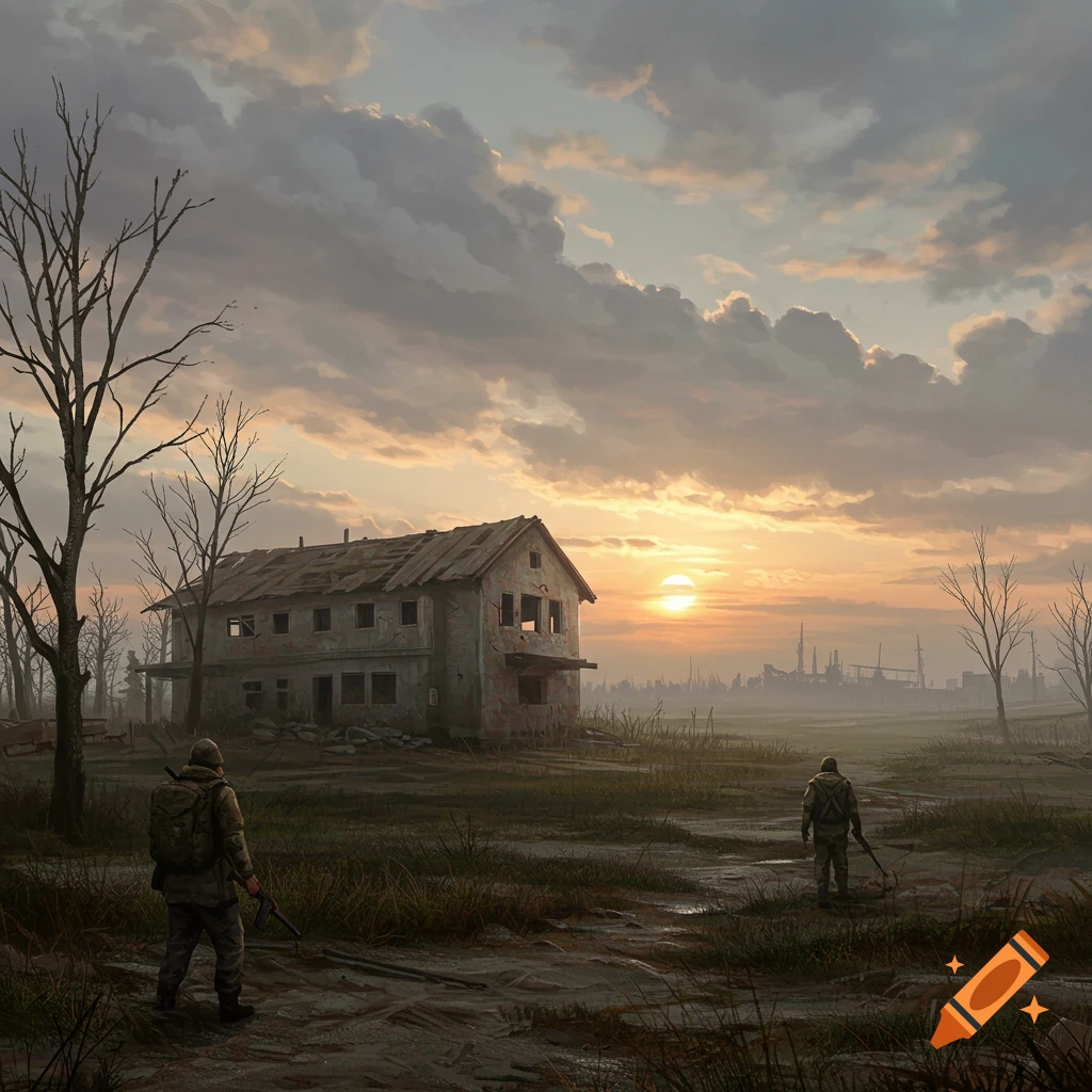 Two figures approach a ruined building in a desolate landscape at sunset, painted style.