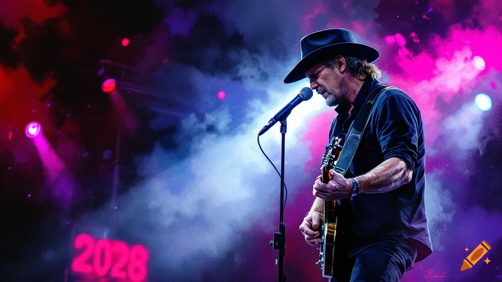 Man in a hat playing guitar on a concert stage with bright pink lights and '2028' on display.