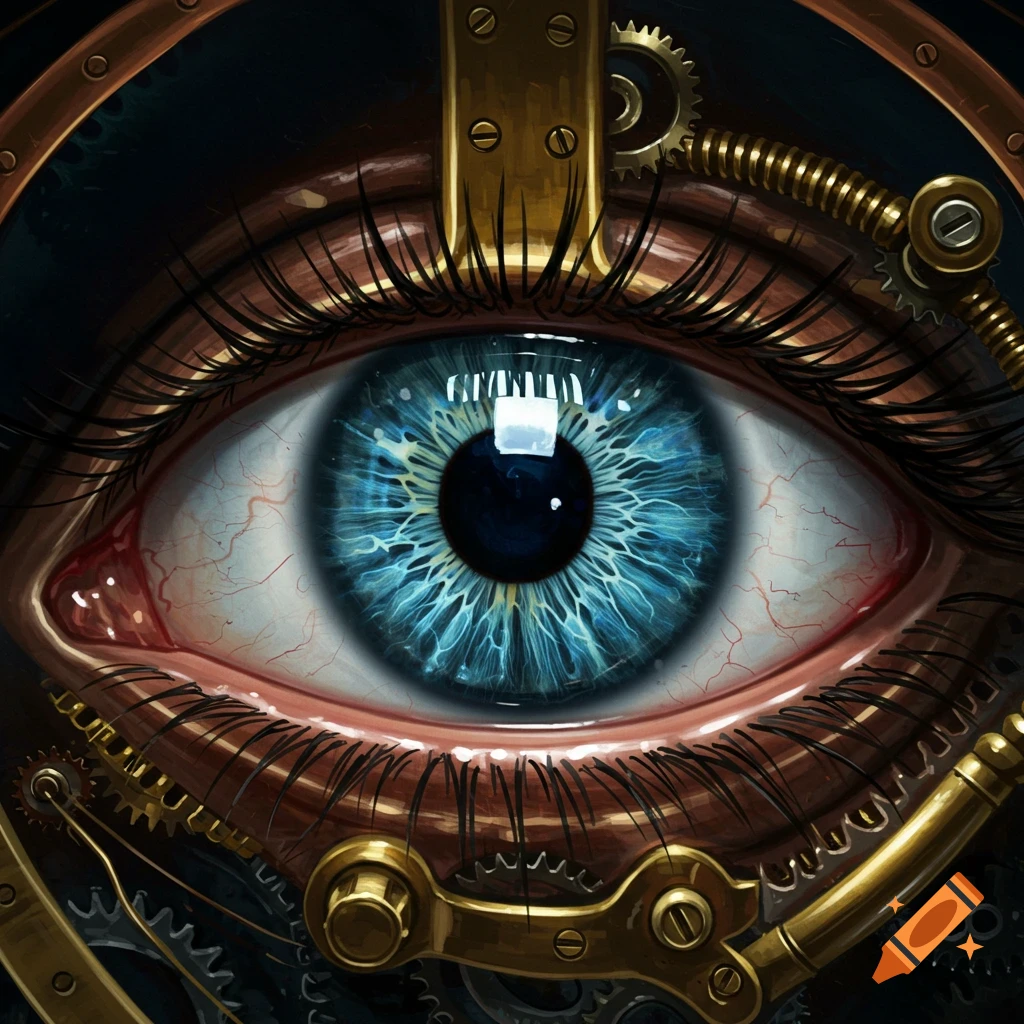 Detailed close-up of a blue eye in a steampunk style, surrounded by mechanical gears and brass.