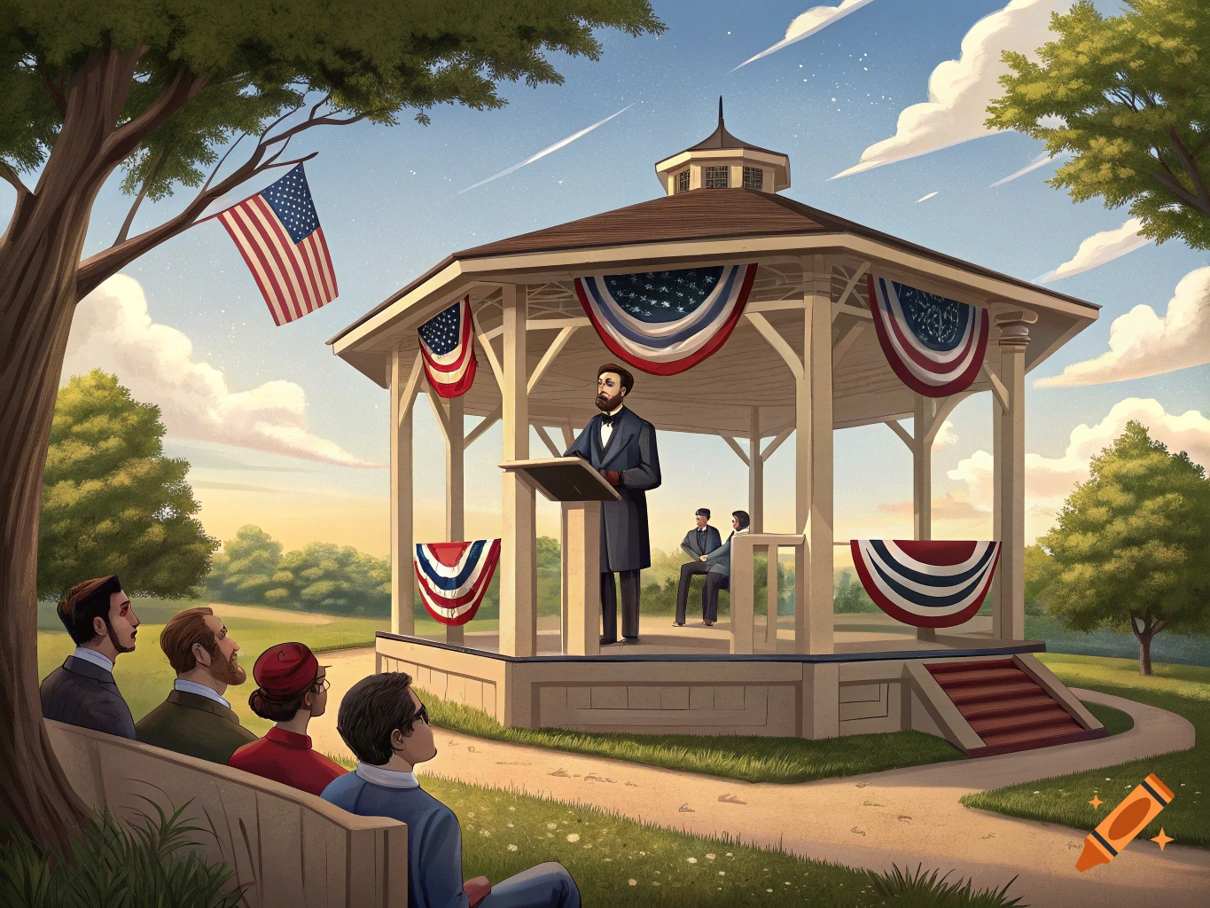 A man resembling Abraham Lincoln gives a speech from a pavilion decorated with flags, before an audience seated on a bench.