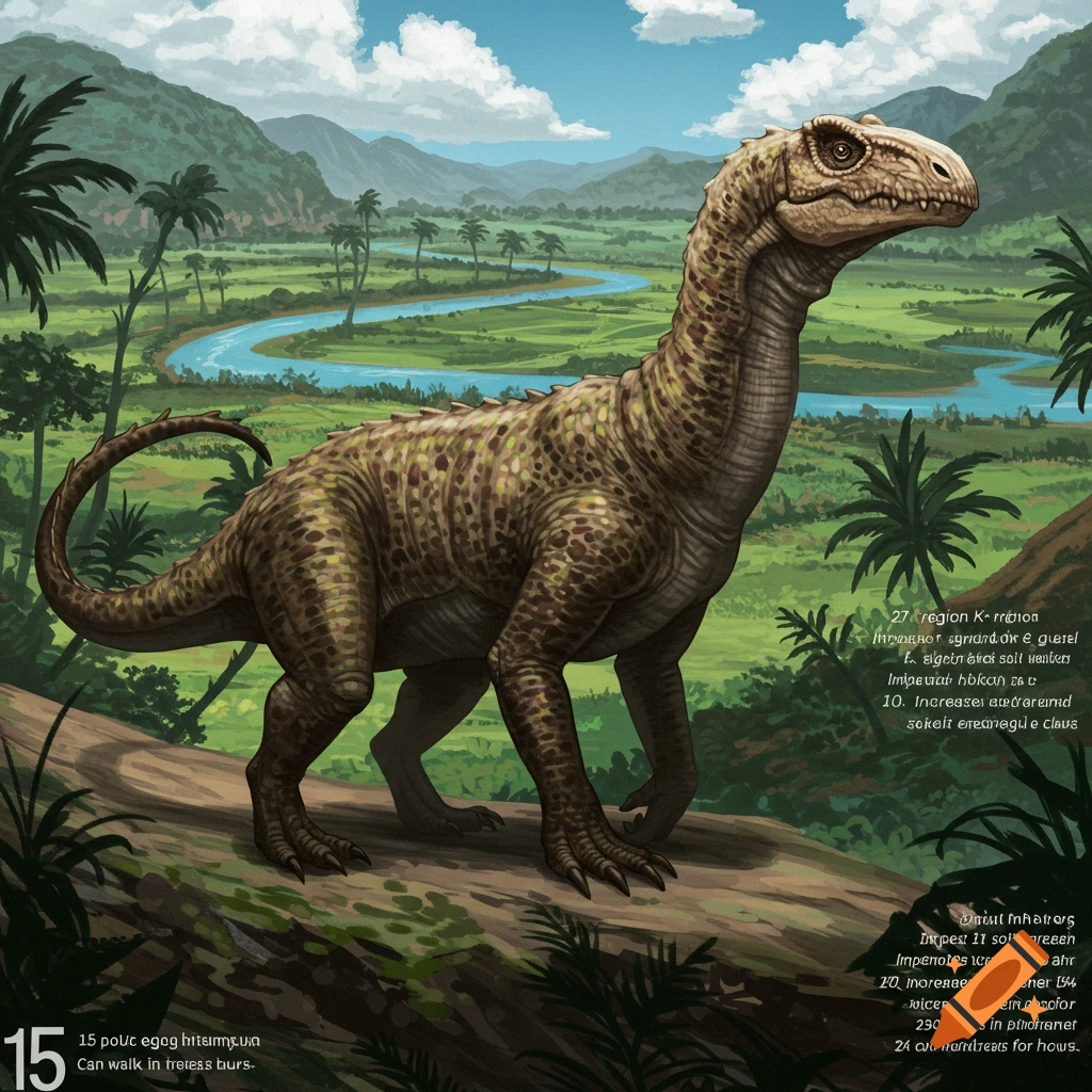 An illustration of a dinosaur standing on a log in a prehistoric jungle landscape.