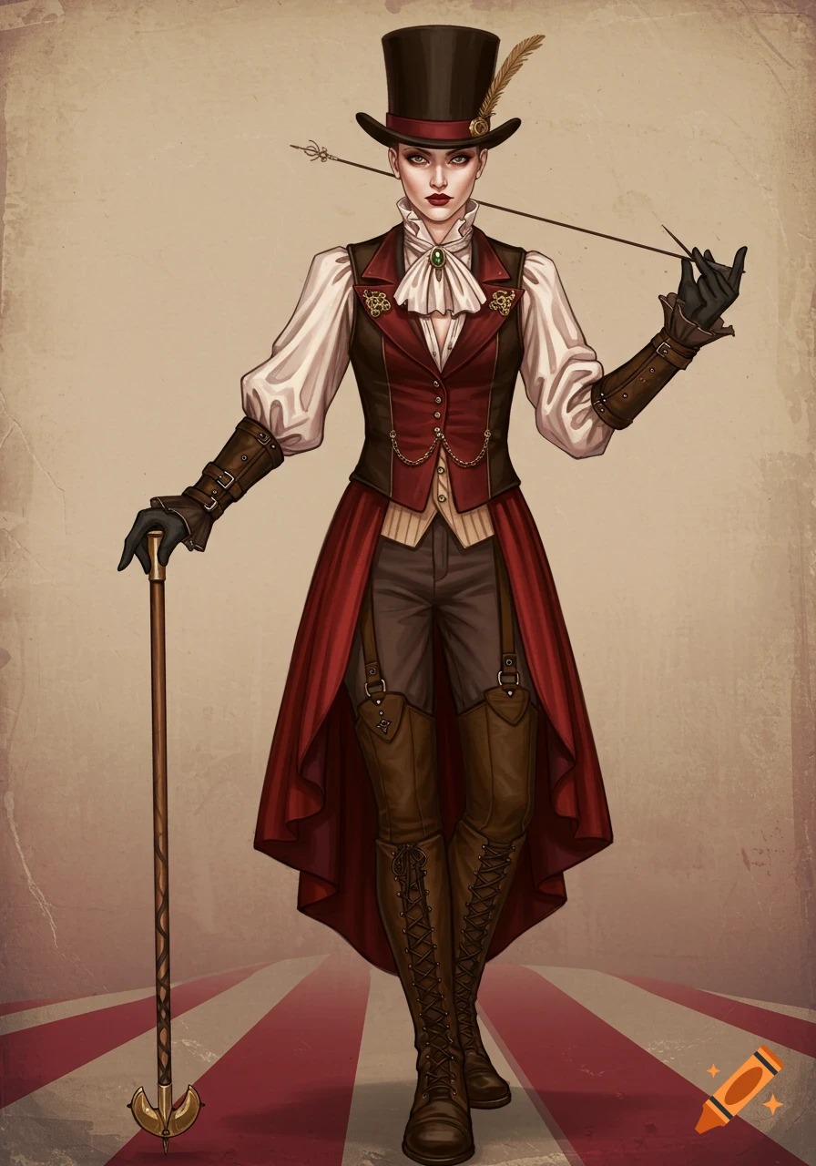 Illustration of a person in a steampunk ringmaster costume holding a cane and pointer.