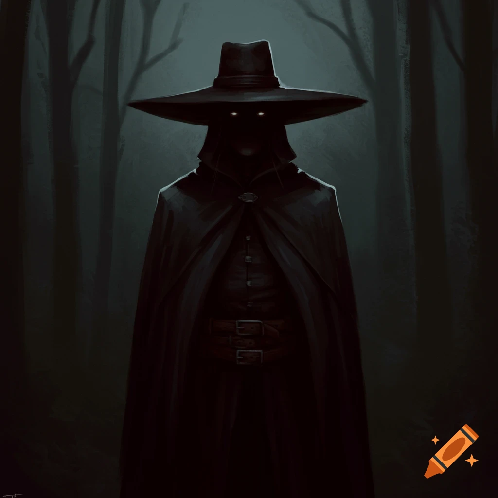 A mysterious figure in a dark cloak and wide-brimmed hat stands in a dark forest, digital painting